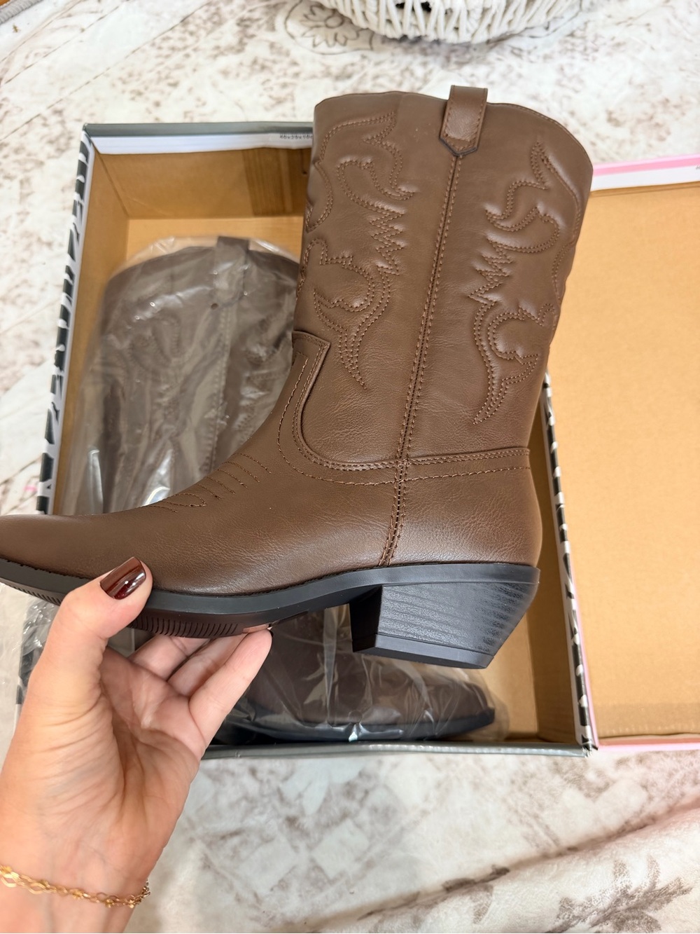 Soda Brown Western-Style Mid-Calf Heeled Boots